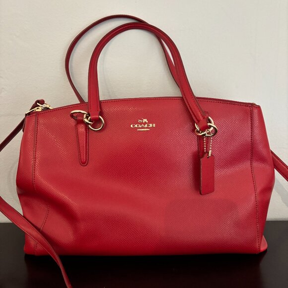 Coach Christie Carryall Cherry Red Crossgrain Leather Satchel - Picture 2 of 13